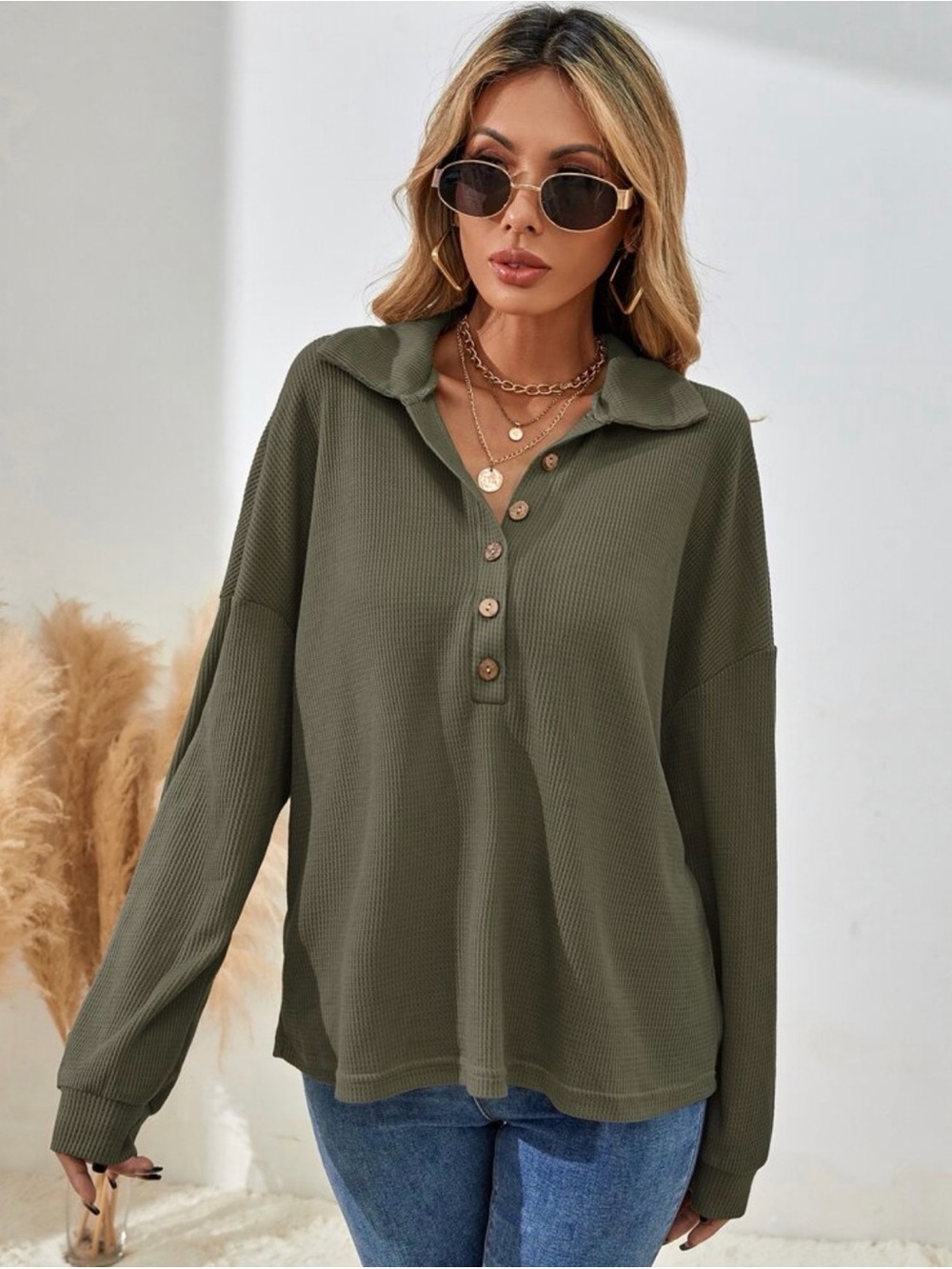 Olive Green Ribbed Button-Front Polo Top - Picture 2 of 3